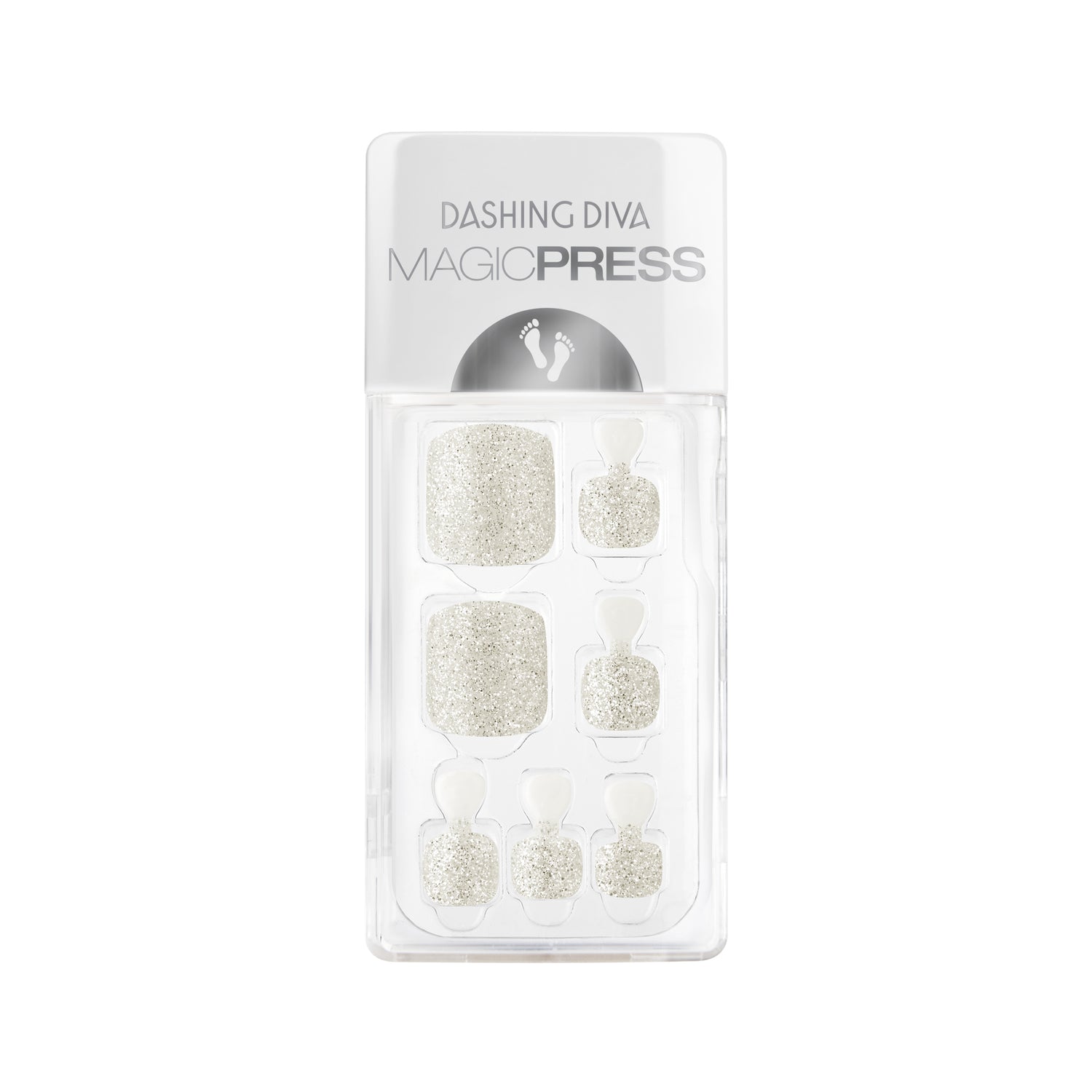 Dashing Diva MAGIC PRESS Pedicure white press on gel pedi with silver glitter finish.