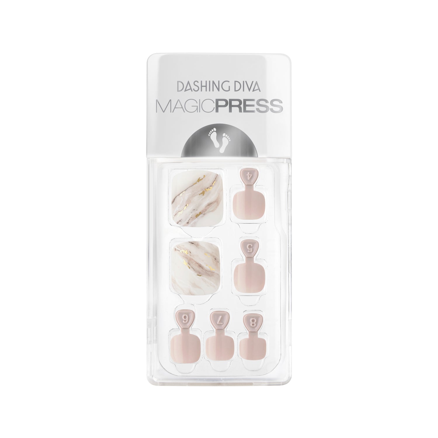 Dashing Diva MAGIC PRESS Pedicure neutral press on pedicure with white and gold marble accents