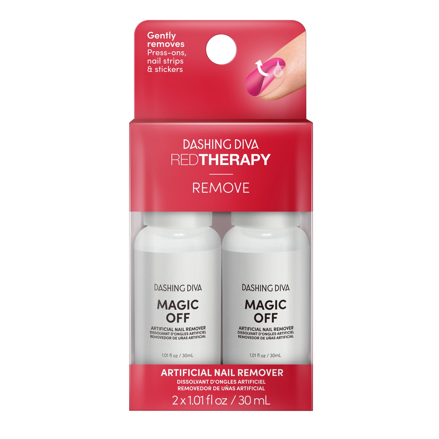 Dashing Diva Red Therapy Magic Off artificial nail remover.